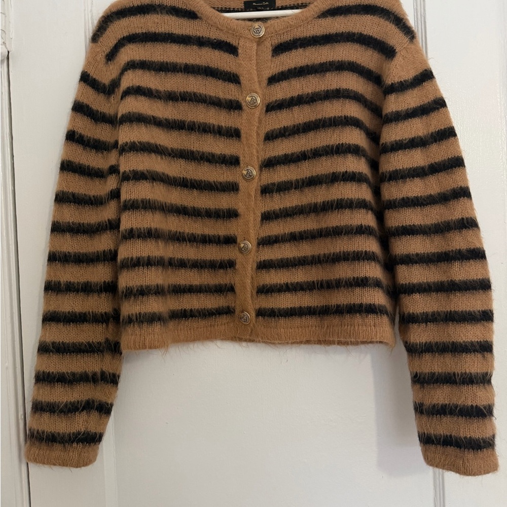 Massimo Dutti Fuzzy Striped Brown and Black Cardigan